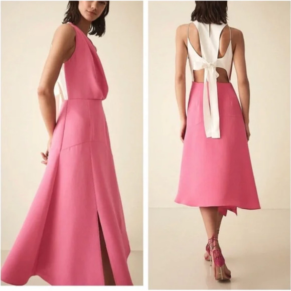 REISS Cheyenne Back-Cutout Midi Dress Bow Tie in Pink/White - Picture 8 of 16